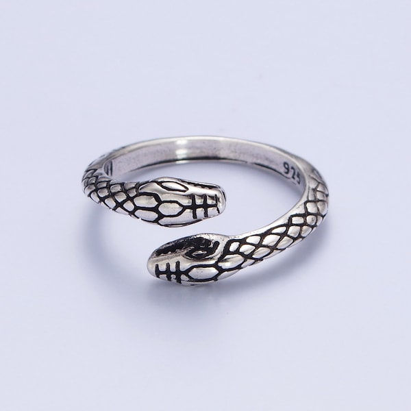 Two-Headed Silver Serpent Ring, Thin Open Adjustable Silver Filled Scaled Snake Band