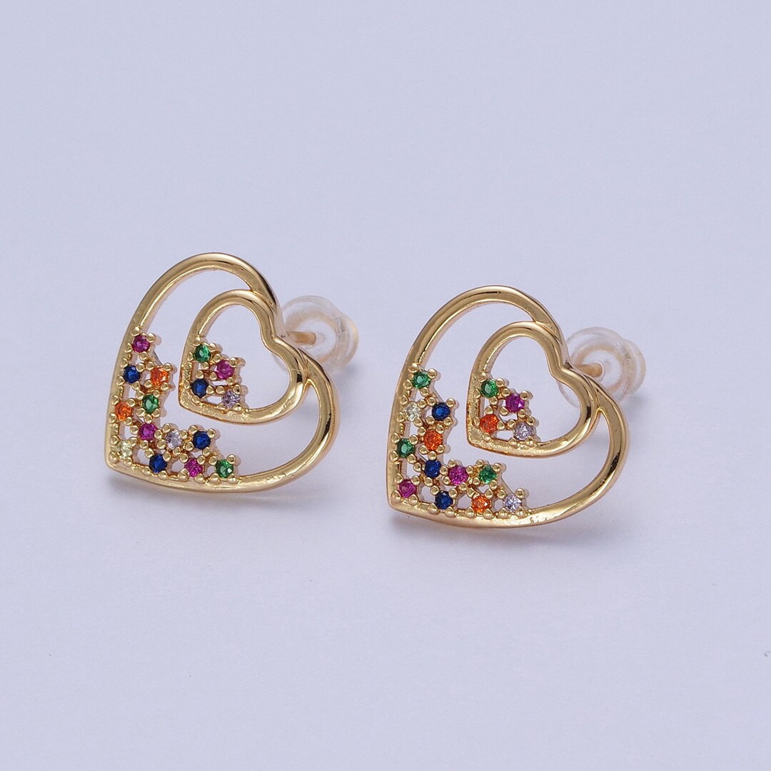 Double Heart Outlines Design Stud Earrings Multicolor Micro Etsy