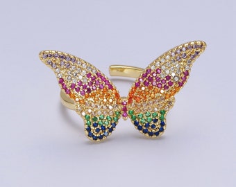 Rainbow Mariposa Butterfly Ring, Multicolor Micro Pave CZ Cubic Zirconia, Open Adjustable 24K Gold Filled Nature Band