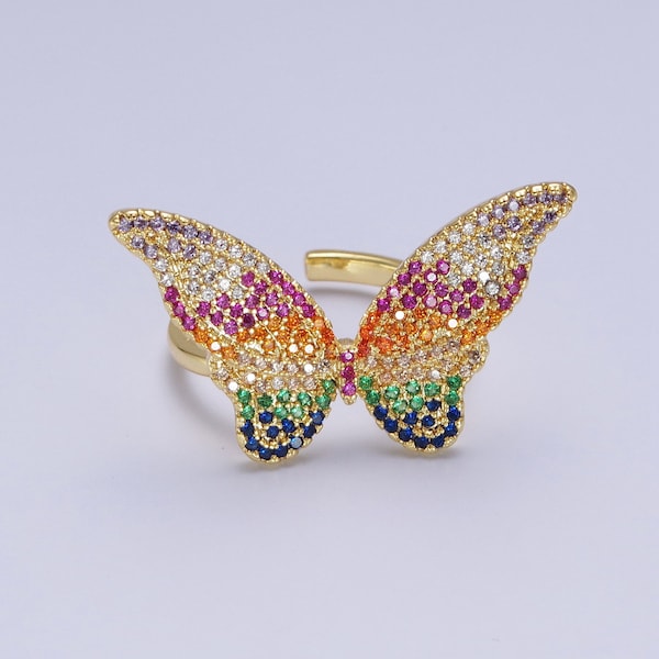 Rainbow Mariposa Butterfly Ring, Multicolor Micro Pave CZ Cubic Zirconia, Open Adjustable 24K Gold Filled Nature Band