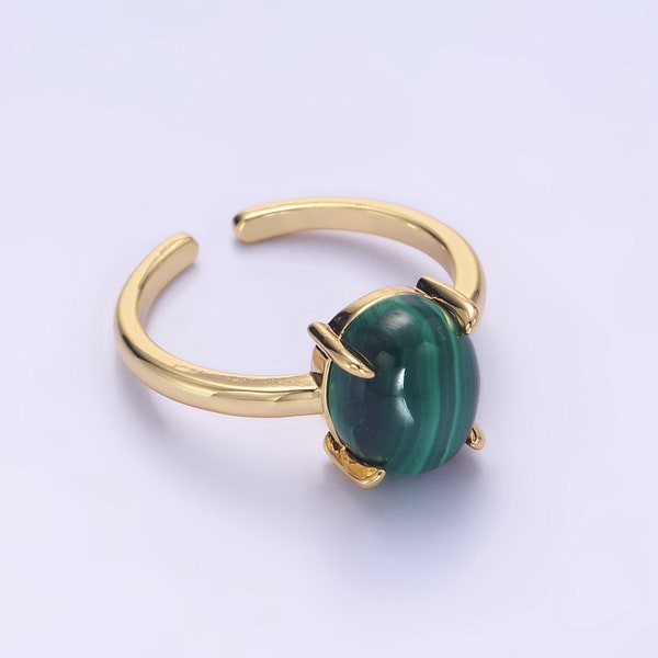 Dark Green Malachite Oval Gemstone Ring, Open Adjustable 14K Gold Filled Minimalistic Solitaire Statement Band Jewelry for Women