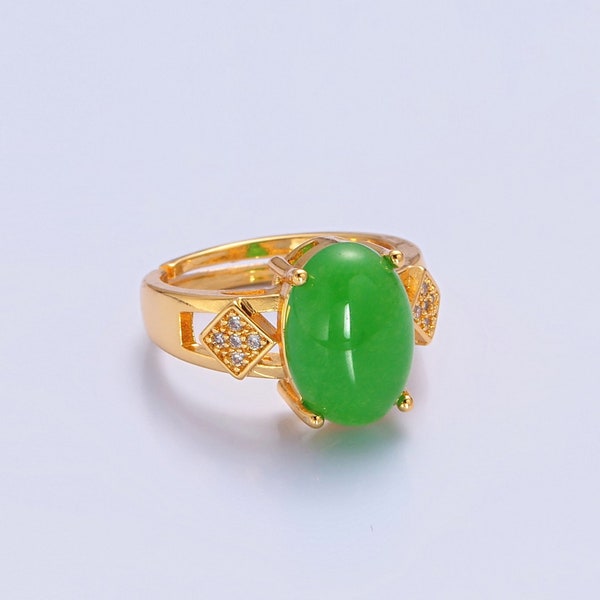 Green Jade Oval Gemstone Stack Ring, Chunky Open Adjustable 24K Gold Filled Minimalistic Vintage Band