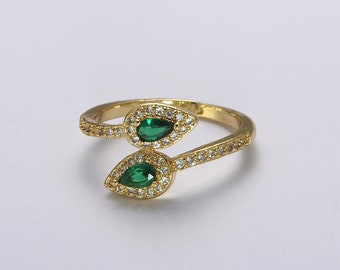 Emerald Green Cubic Zirconia Leaves Design Stack Ring, Clear Micro Pave CZ, Dainty Open Adjustable Gold Filled Band