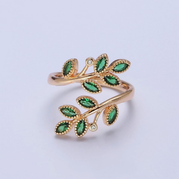 Leaf Vines Design Stack Ring, Green CZ Cubic Zirconia, Thin Dainty Open Adjustable 24K Gold Filled Nature Band