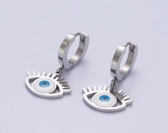 Blue Enamel Evil Eye with Eyelashes Charm Dangle Drop Huggie Hoop Earrings, Silver Tone Stainless Steel Jewelry for Women, 1 Pair