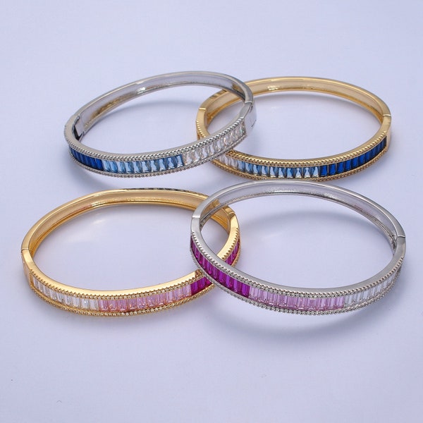 Ombre Pave Stack Bangle Bracelet Blue Pink CZ Stone in 14k Gold Filled Hinge Layering Bracelet