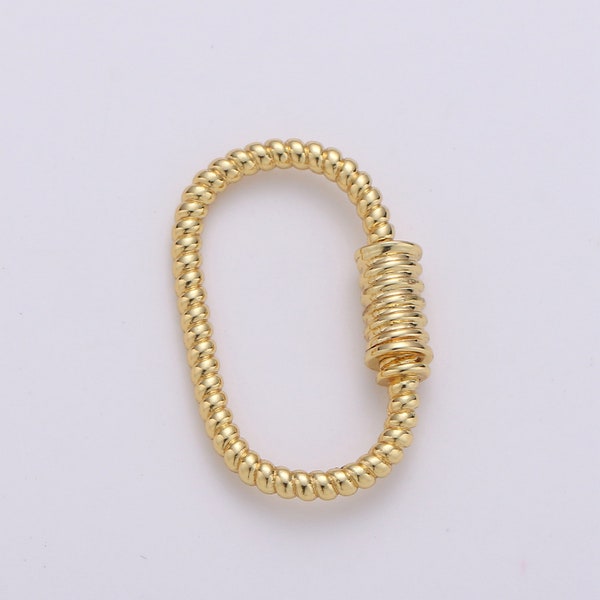 1 pc 25x16mm Wholesale 24K Gold-Plated Carabiner, Paperclip Oval Shape, Rope Design, Circle Screw Clasp