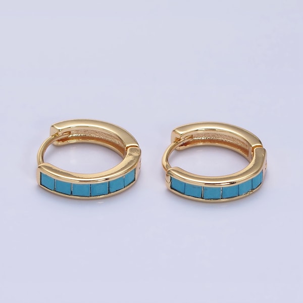 Huggie Hoop Earrings, Gold or Silver, with Teal Square Cut Enamel Stones, Dainty 16K or White Gold Filled Jewelry for Women, 1 Pair