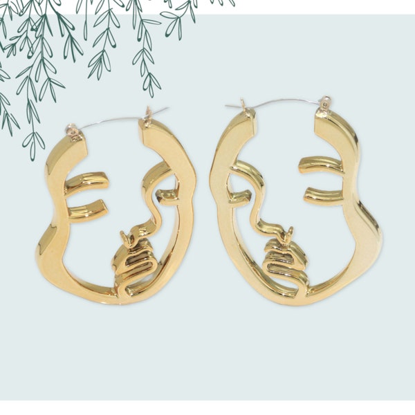 Abstract Art Picasso Face Design Hoop Earrings, Large Chunky 18K Gold Filled Statement Earrings, 1 Pair