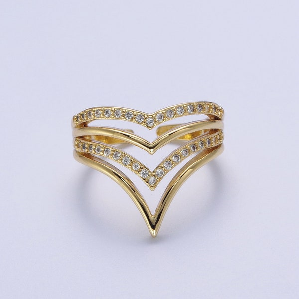 V-Shaped Wave Design Stack Ring, Clear Micro Pave CZ Cubic Zirconia, Four Layered Open Adjustable 24K Gold Filled Band