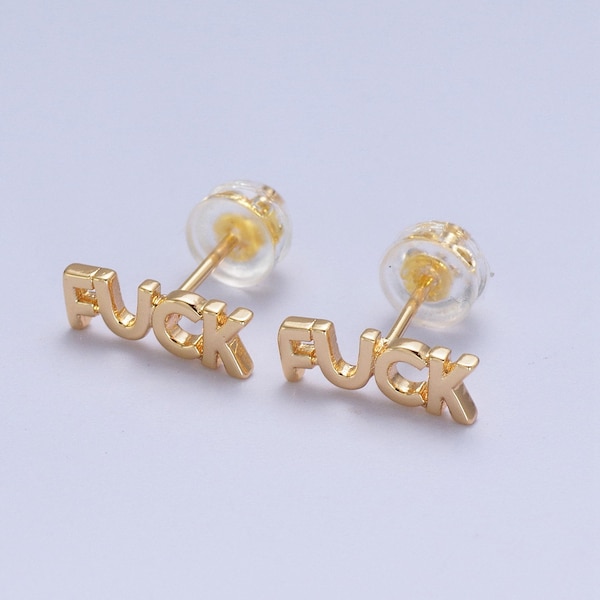 Gold "FUCK" Text Stud Earrings, 16K Gold Filled Earring Jewelry, 1 Pair