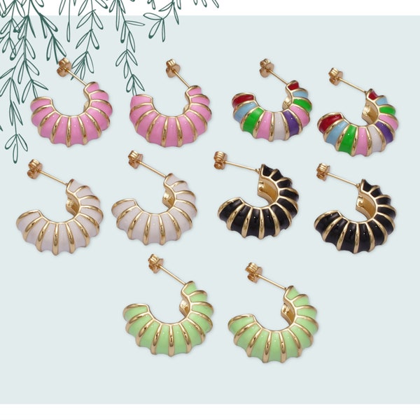 Pastel Colored Enamel Shell Design Open Hoop Stud Earrings, Thick Chunky 24K Gold Filled Earrings, 1 Pair