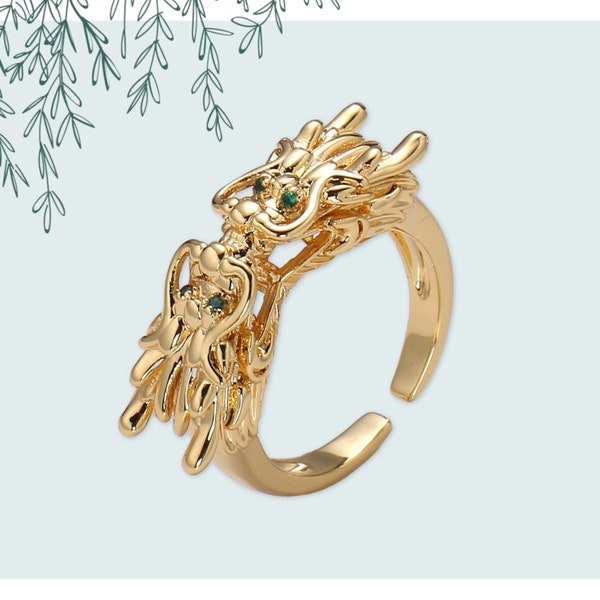 Twin Dragon Heads Design Stack Ring with Green Cubic Zirconia Eyes, Chunky Open Adjustable 24K Gold Filled Band