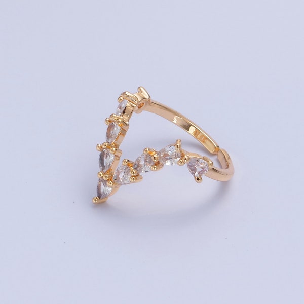 V Shaped Moissanite Stack Ring, Clear Teardrop CZ Cubic Zirconia, Dainty Open Adjustable 18K Gold Filled Minimalistic Band