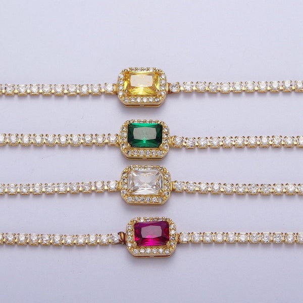 24K Gold Filled Tennis Chain Necklace with Color CZ Cubic Zirconia Charm - Yellow, Fuchsia, Clear, Green - 14 Inches with 2 Inch Extender