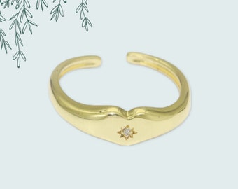 Heart Shaped Signet Ring with Star Design CZ Cubic Zirconia, Open Adjustable Gold Filled Stack Band