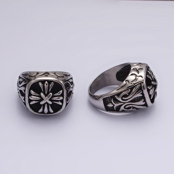 Silver and Black Tribal Carvings and Cross Ring, Stainless Steel Statement Band for Men