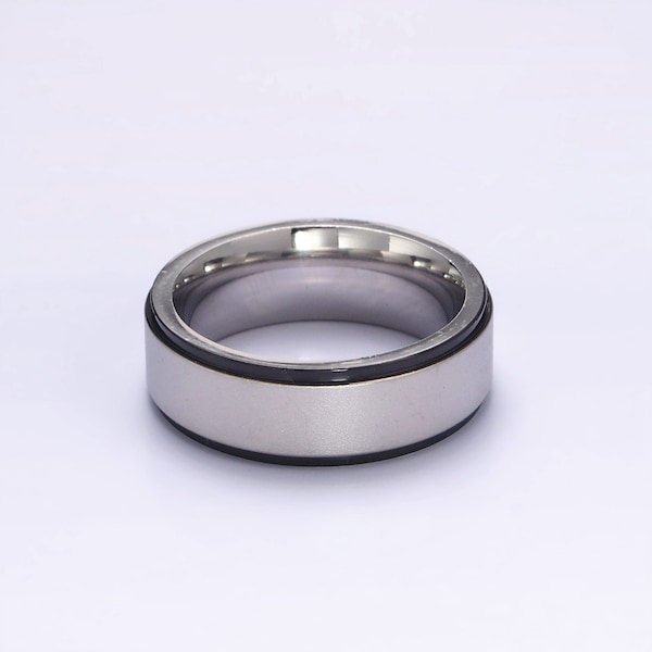 Mixed Metal Black and Silver Tone Stainless Steel Stripe Stack Ring, Modern Minimalistic Band for Men