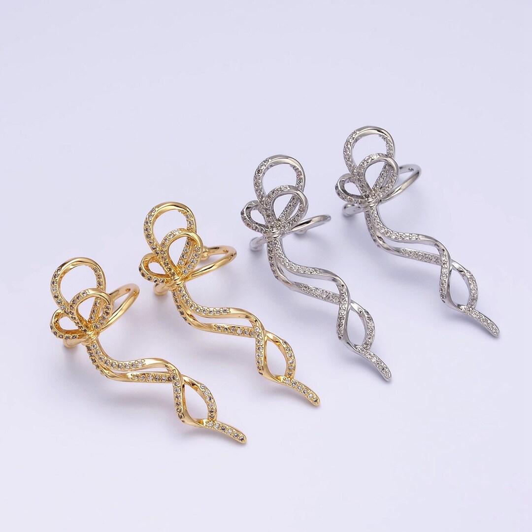 Hanging Ribbons Ear Cuffs, Clear Micro Pave CZ Cubic Zirconia, Gold or