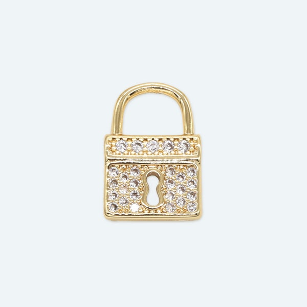 2pcs 13x9mm Wholesale Gold Plated Padlock Charm with Micro Pave Cubic Zirconia, Charms for Necklace Bracelet Earring Making