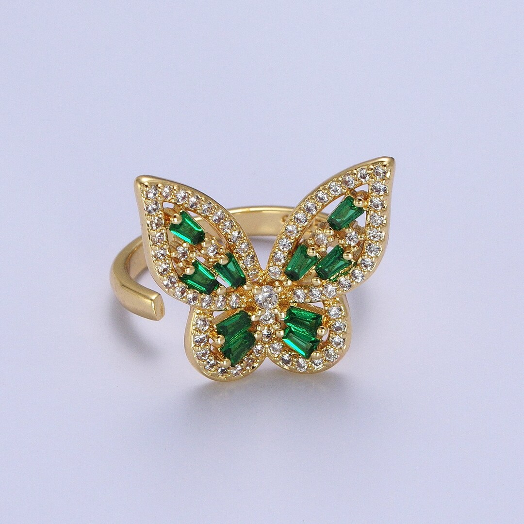 3D Butterfly Design Ring, Emerald Green Baguette Cut Cubic Zirconia and