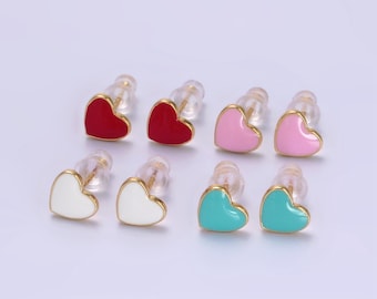 Color Enamel Heart Stud Earrings - Red, Teal, Pink, White - Dainty 14K Gold Filled Floral Jewelry for Women, 1 Pair