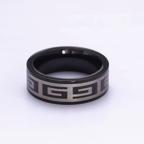 Mixed Metal Black and Silver Tone Stainless Steel Stack Ring with Geometric Pattern Design, Modern Minimalistic Band for Men
