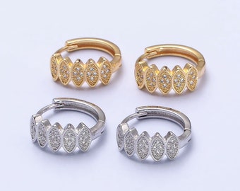 Leaf Shape Pattern Huggie Hoop Earrings, Gold or Silver, Clear CZ Cubic Zirconia, Gold Plated Jewelry for Women, 1 Pair