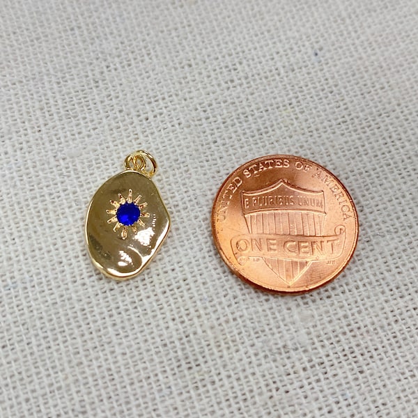 2pcs 18x11mm Gold Plated Ancient Sun Carving Charm with Blue Cubic Zirconia, Charms for Necklace Bracelet Earring Making