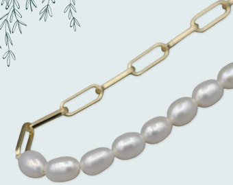 Moitié de perles d'eau douce perlées et moitié or 14 carats rempli de bijoux de collier de chaîne de câble, collier de fusion de perles de perles, 16,5 pouces