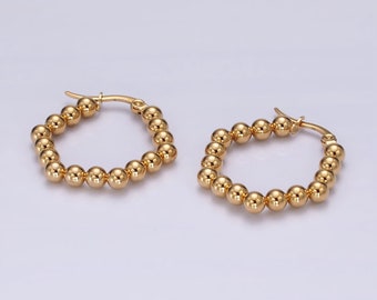 Ball Beaded Hexagon Hoop Earrings, Latch Back Fastening, Geometric 14K Gold Tone Stainless Steel Earring Jewelry for Women, 1 Pair