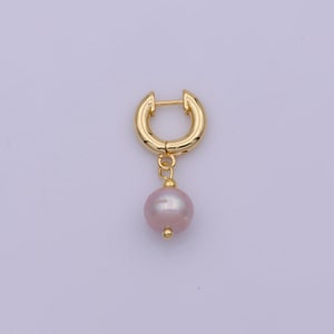Blush Pink Champagne Freshwater Pearl Dangle Drop Huggie Hoop Earrings, Small Dainty 18K Gold Filled Classic Wedding Earrings, 1 Pair image 4
