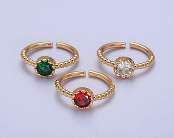 Crystal Gemstone Stack Ring, CZ Cubic Zirconia - Clear, Green, Red - Open Adjustable 24K Gold Plated Band for Women