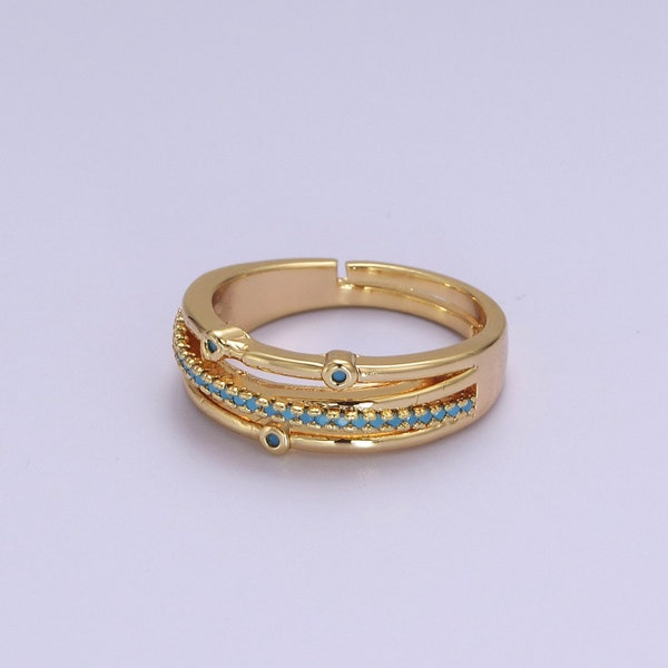 Multilayered Crossing Bands Stack Ring with Turquoise Enamel Stones, Dainty Open Adjustable Gold Filled Ring