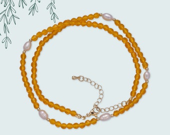 Pearl Beads and Orange Faceted Rondell Glass Beads on 18K Real Gold Filled Chain Necklace Jewelry, 16.5 Inches with 2 Inch Extender