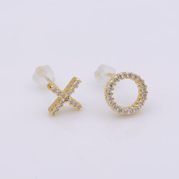 Mismatched X and O Hugs and Kisses Design Stud Earrings with Clear Micro Pave CZ Cubic Zirconia, Dainty 14K Gold Filled Earrings, 1 Pair