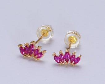 Fuchsia Pink Marquise Cut CZ Cubic Zirconia Fan Design Stud Earring, Dainty 24K Gold Plated Jewelry for Women, 1 Pair