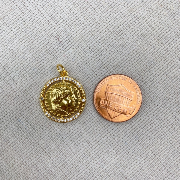 2pcs 23x18mm Wholesale Gold Plated Historic Coin Charm with Micro Pave Cubic Zirconia, Charms for Necklace Bracelet Making