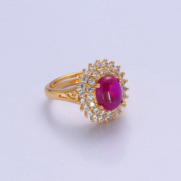 Fuchsia Pink Jade Oval Gemstone Stack Ring, Micro Pave CZ Cubic Zirconia Shining Sun Rays Design, Adjustable 24K Gold Filled Vintage Band