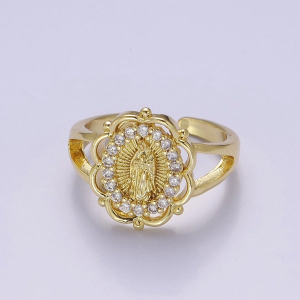 Virgin Mary Design Stack Ring with Micro Pave CZ Cubic Zirconia, Open Adjustable 24K Gold Filled Lady de Guadalupe Band