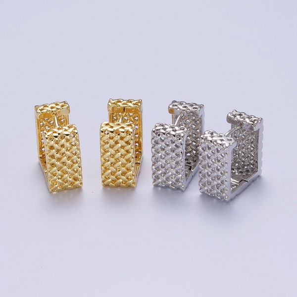 Woven Texture Rectangular Box Hoop Earrings - Gold or Silver - Rattan Basket Weave Design, 14K Gold Plated Jewelry for Women, 1 Pair