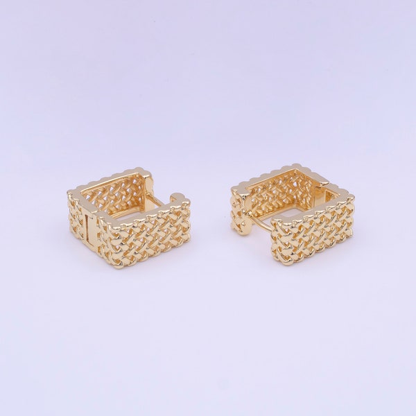 Woven Texture Square Box Hoop Earrings, Rattan Basket Weave Design, 18K Gold Plated Geometric Jewelry for Women, 1 Pair