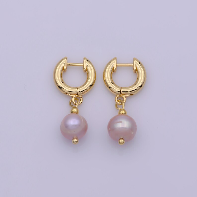 Blush Pink Champagne Freshwater Pearl Dangle Drop Huggie Hoop Earrings, Small Dainty 18K Gold Filled Classic Wedding Earrings, 1 Pair image 5