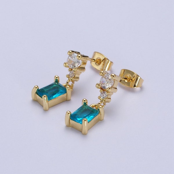 Aqua Blue Rectangle Gemstone Charm Design Dangle Drop Stud Earrings, CZ Cubic Zirconia, 24K Gold Filled Jewelry for Women, 1 Pair