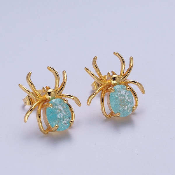 Spider Design Stud Earrings with Aqua Blue CZ Cubic Zirconia Gemstone, 24K Gold Filled Halloween Jewelry for Women, 1 Pair