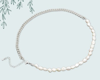 Half Baroque Freshwater Pearl Beads and Half Silver Curb Chain Fusion Necklace Jewelry, 18.6 Inches with 2 Inch Extender