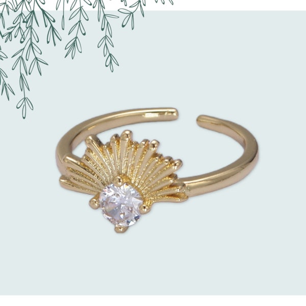 Feathered Design Stack Ring with CZ Cubic Zirconia Crystal, Elegant Open Adjustable 24K Gold Filled Vintage Band