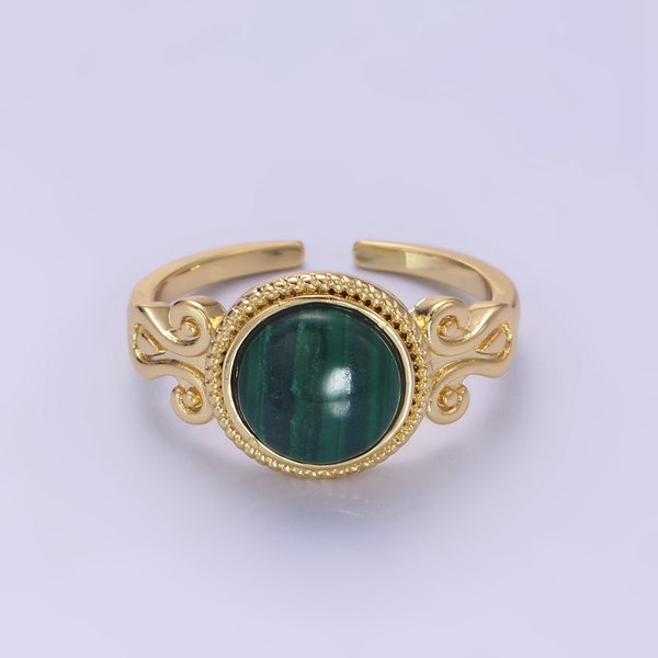 Dark Green Malachite Gemstone Ring, Victorian Bezel, Large Open Adjustable 14K Gold Filled Solitaire Statement Band Jewelry for Women