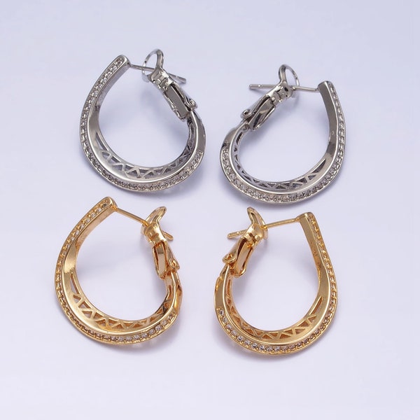 Geometric Filigree Front Facing Teardrop Hoop Earrings, Gold or Silver, Micro Pave CZ, 16K or White Gold Plated Jewelry for Women, 1 Pair