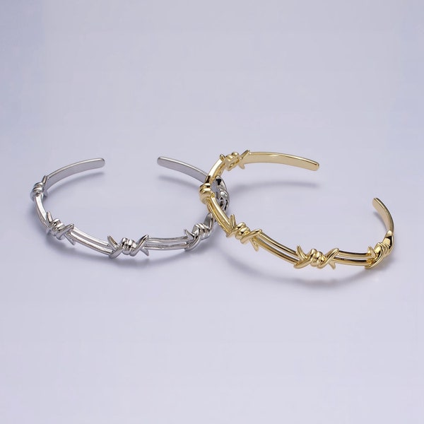 Twisted Barbed Wire Cuff Bracelet, Gold or Silver, Open Adjustable 14K or White Gold Filled Layering Bangle Bracelet